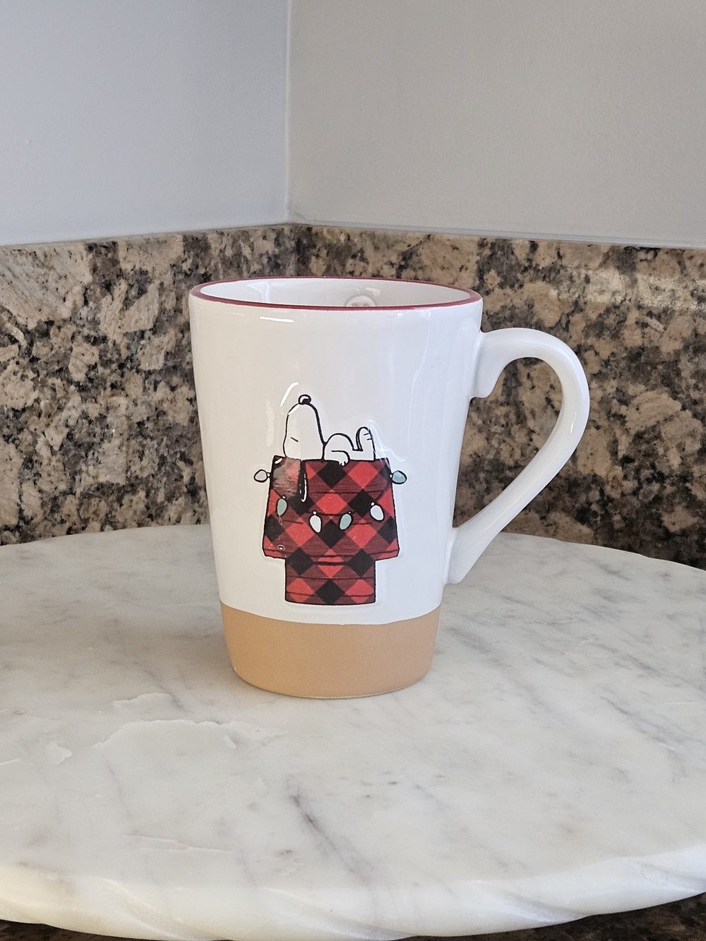 Rae Dunn White Mug with Tan Band and Pink Rim
